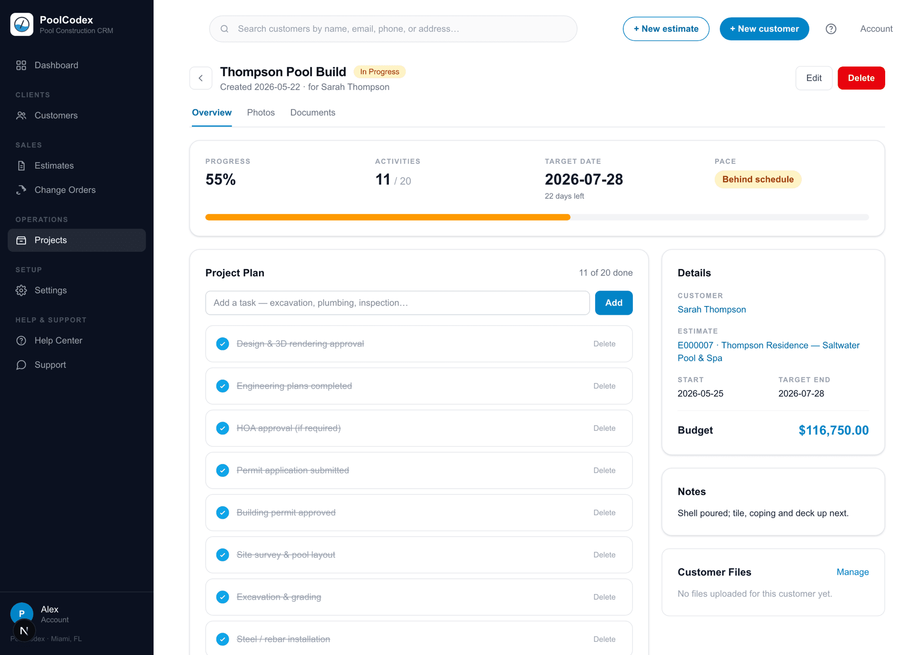 A pool build tracked on a 20-step project plan with progress, pace, and budget