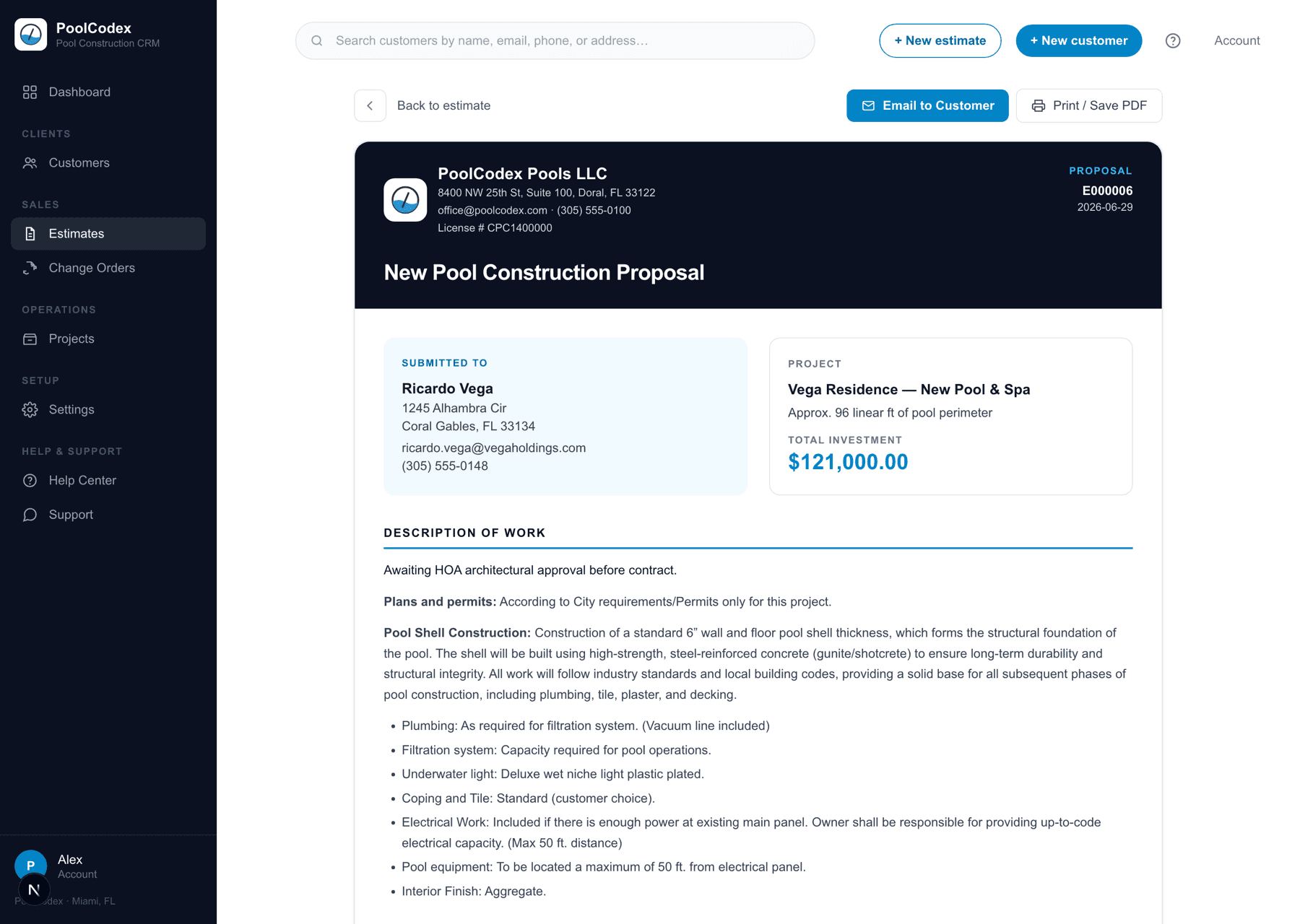 A branded pool construction proposal with scope of work and total investment